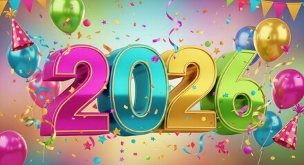 Year 2026 celebration art with balloons, party hats, confetti, and a colorful festive background