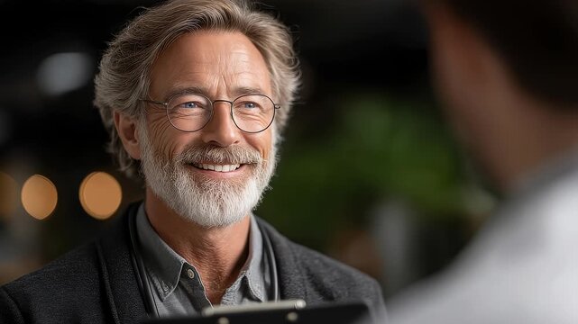 Business person smiles and listens to communication