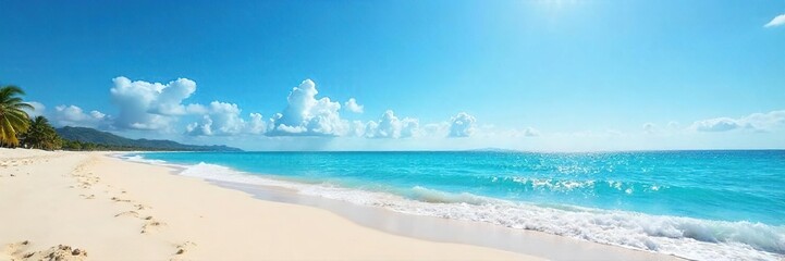 Fototapeta premium Endless blue sky above a sun-drenched, empty sandy beach; gentle waves lapping the shore; pure summer serenity Perfect for travel, vacation, or summer holiday themes , coast, scene, serene