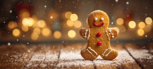 The Gingerbread Man Cookie Standing on Rustic Wooden Table with Snow and Bokeh Lights
