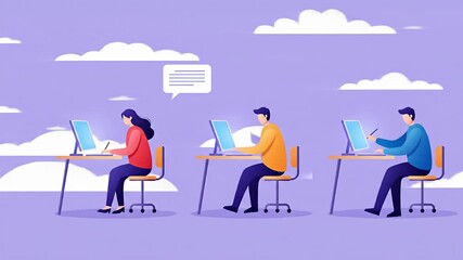 Three people sit at desks with monitors under a cloudy, light purple sky background - Powered by Adobe
