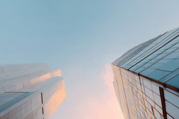 futuristic office buildings with ultramodern architectural facades stand tall against stunning sunset