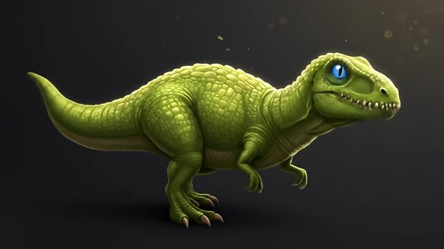 Cartoon illustration of a bright green dinosaur with blue eyes on a dark background