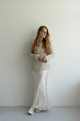 Happy positive elegant woman. Close up portrait of blondie long-haired caucasian woman