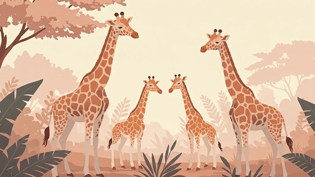 Flat illustration featuring four giraffes in a stylized, earthy-toned landscape