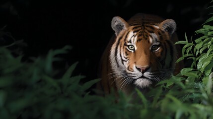 Fototapeta premium Tiger in Shadow: A majestic tiger gazes intently from the shadows of a lush forest, its striking orange and black stripes illuminated by a mysterious light. 