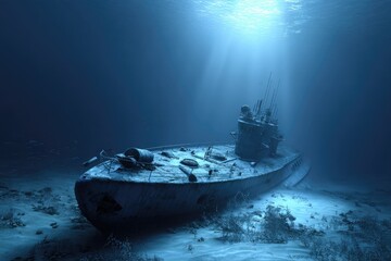 Sunlit ocean floor reveals a sunken, aged submarine resting on the seabed