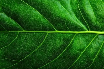 Close up of a bright green leaf showing intricate vein patterns. Perfect for backgrounds, textures, or ecological themed designs.