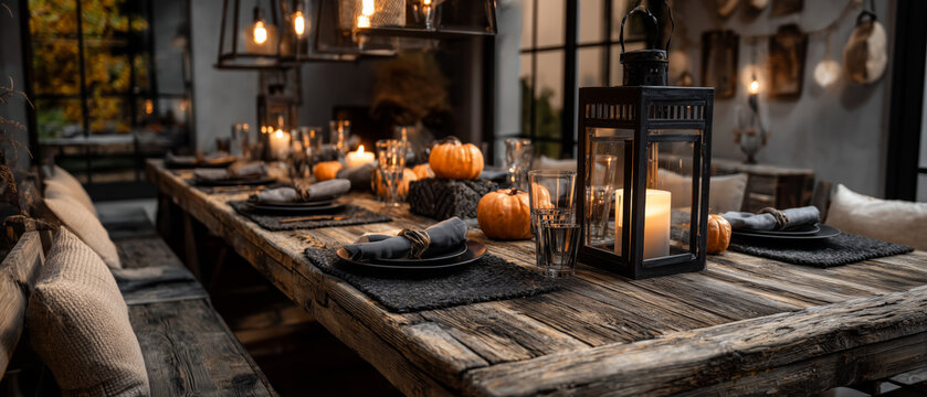 Halloween and Autumn Table Setting with Pumpkins and Lanterns - Powered by Adobe