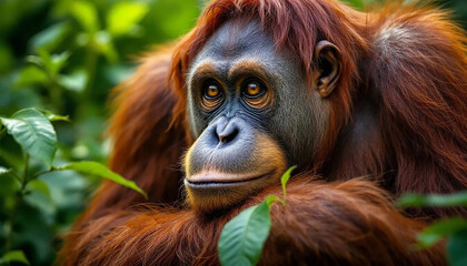 Fototapeta premium An orangutan sits among lush greenery in the jungle, surrounded by trees and foliage