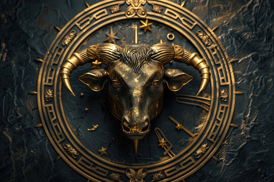 Concept of Taurus zodiac sign symbol, abstract vivid composition consists of fictional unreal fantastic vision on background