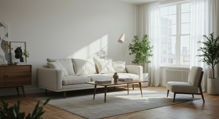 Modern Living Room Interior with Sofa Plants and Light.
