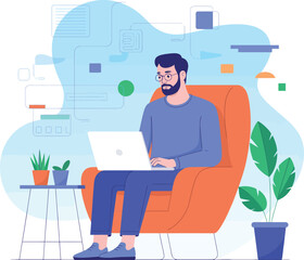 Man Working on Laptop at Home in Comfortable Chair Illustration