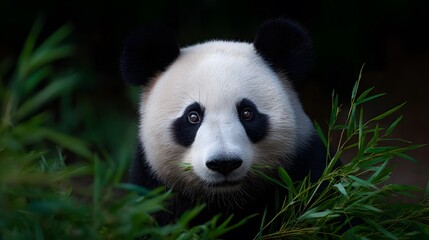 Obraz premium Panda Bear Amidst the Bamboo: A close-up, captivating portrait of a giant panda, its striking black and white fur. It sits surrounded by lush green bamboo.