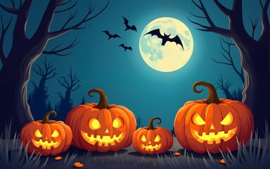 spooky halloween illustration for kids carwed pumpkins and copy space in the middle. High quality photo. High quality