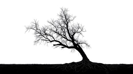 Fototapeta premium Solitary Silhouette: A stark, high-contrast image of a bare tree, its branches reaching towards the sky. Rooted deeply in the earth.