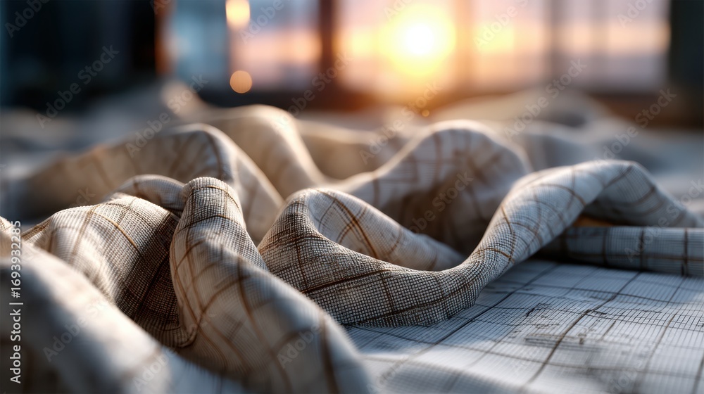 Poster a close-up view of textured fabric undulating softly, illuminated by warm sunlight streaming through