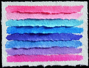 Abstract horizontal bands of vibrant, torn, colored paper on white paper
