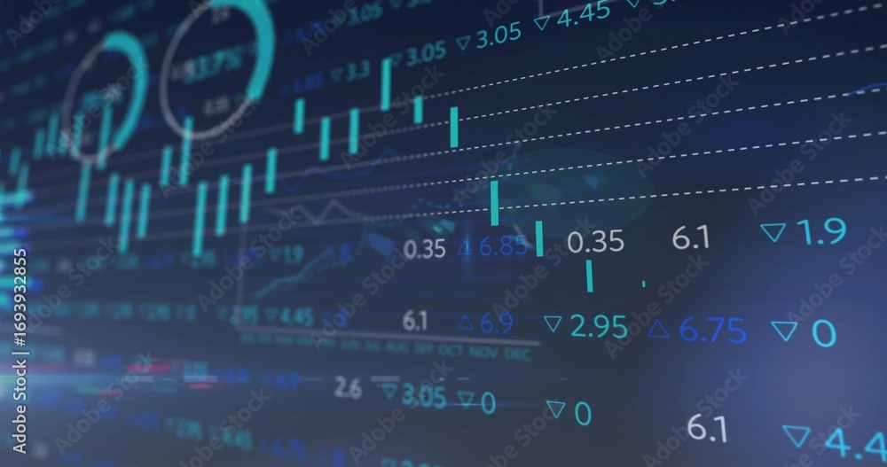 Poster displaying chart on trading dashboard, with candles, line graph, data labels, arrows and grid lines