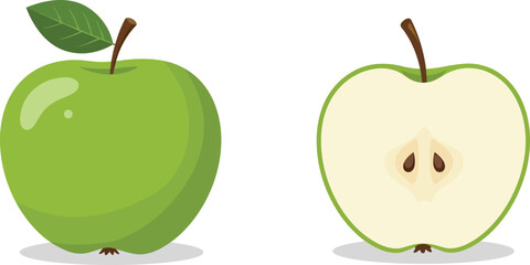 a whole green apple beside its sliced half showing seeds
