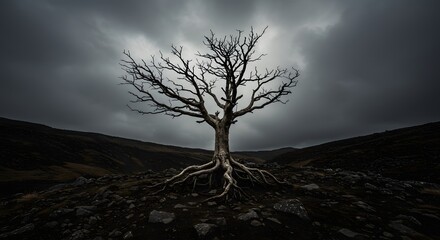 Stark bare tree with intricate roots exposed on rocky barren landscape under dramatic stormy skies