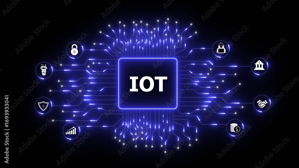 Poster a digital representation of the internet of things with a central iot box connected to various icons