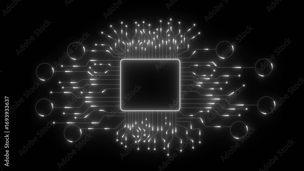 Poster a glowing circuit board design with a central microchip and radiating connections
