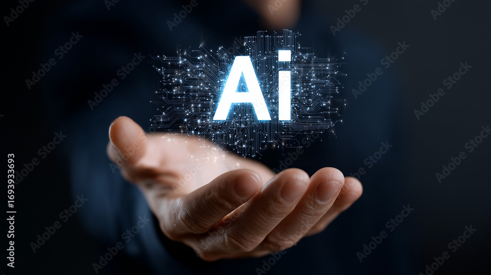Fototapete man holding a hologram with glowing text 