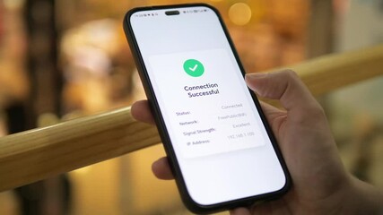 Hands use a phone to connect to public Wi-Fi, with loading screens and a success notification appearing. Perfect for tech tutorials, travel vlogs, or digital convenience themes. - Powered by Adobe
