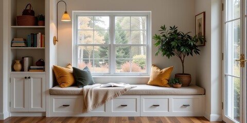 Cozy reading nook with window, plants, and shelves filled with books.