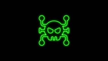 Glowing neon skull icon indicating computer virus cyber security threat on black background