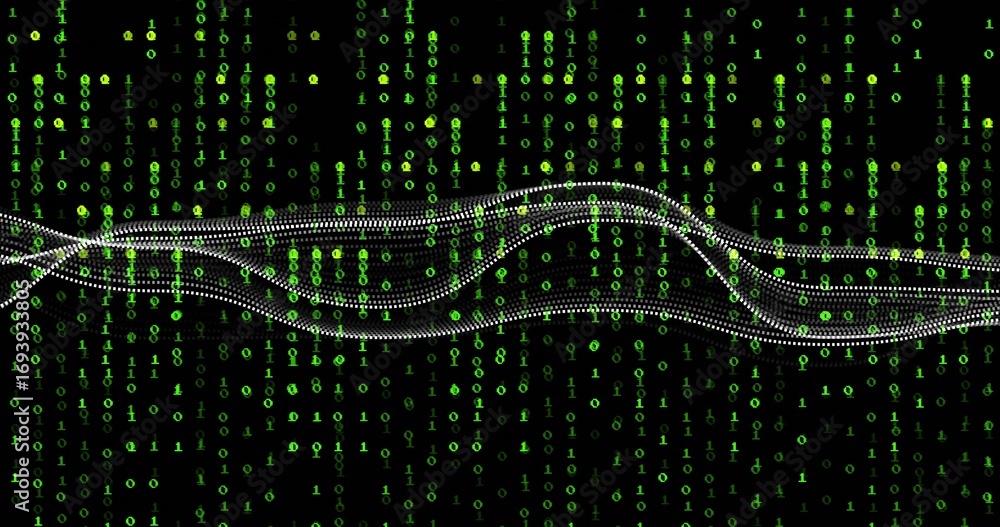 Aufkleber streaming white dotted waveform weaving horizontally on computer screen, with green binary digits