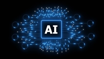 A glowing circuit board design featuring the letters 'AI' in the center, symbolizing artificial intelligence and technology.