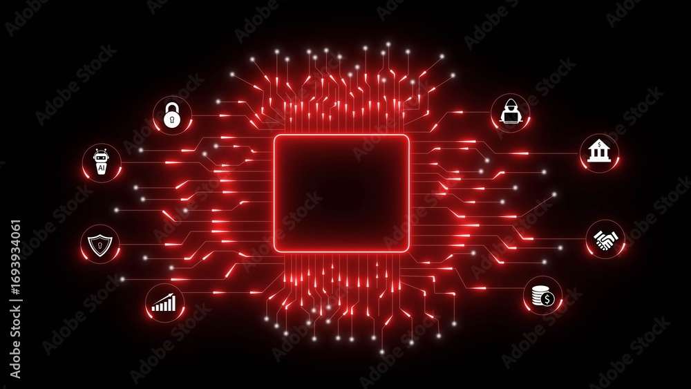 Poster a digital circuit board design with glowing red lines and icons representing security, banking, and 