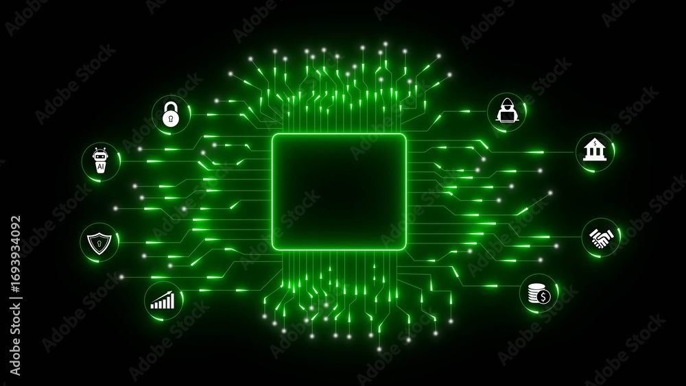 Poster a digital circuit board design with glowing green lines and icons representing security, finance, an