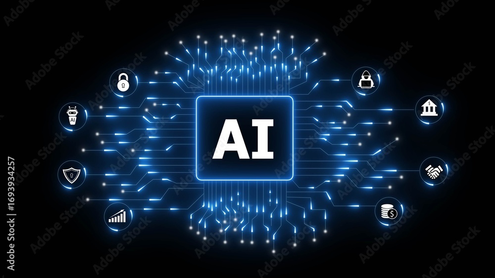 Poster a digital representation of artificial intelligence with glowing circuits and icons representing sec