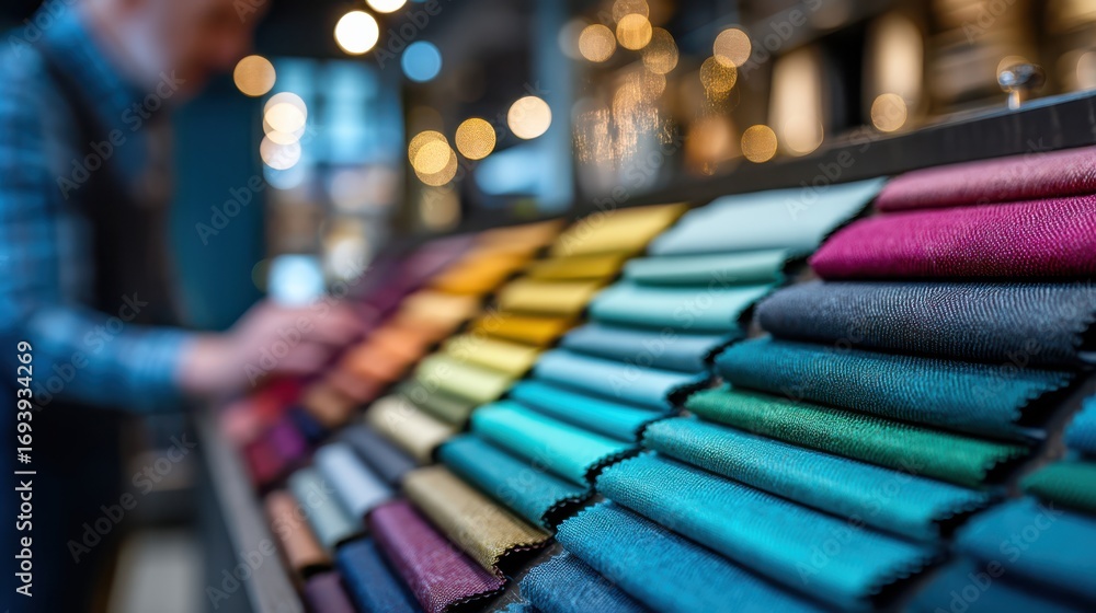 Poster a colorful array of fabric swatches displayed in a store, with a blurred figure in the background, c