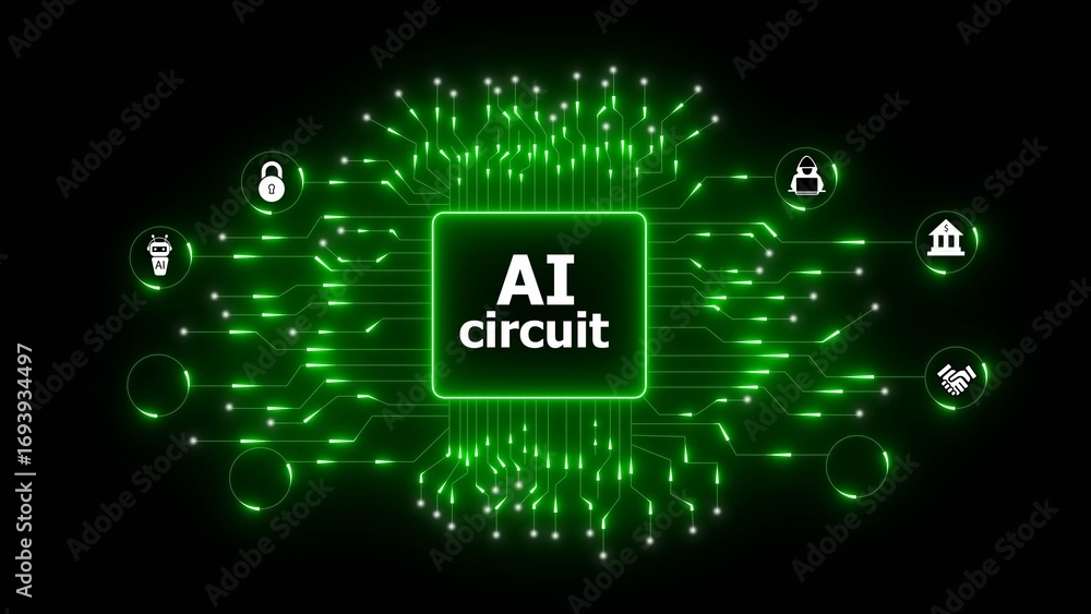 Poster a glowing green circuit board design featuring the text 'ai circuit' at the center, surrounded by ic