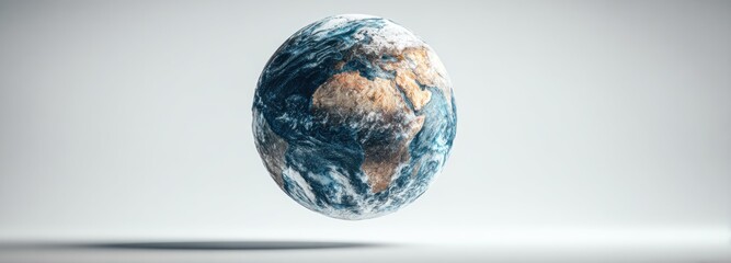A stylized Earth globe with visible continents floats against a plain white background, casting a soft shadow