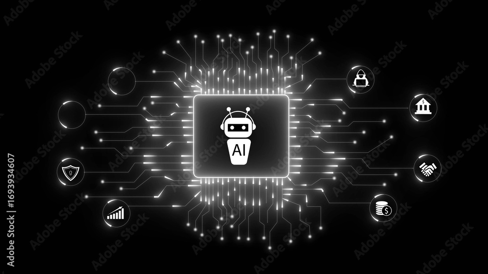 Poster a digital illustration of a robot with the text 'ai' surrounded by circuit patterns and various icon