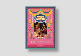 Diwali Flyer Template & Marigold Garland Border for Navratri, Ganesh Chaturthi, Durga Puja, Dipawali