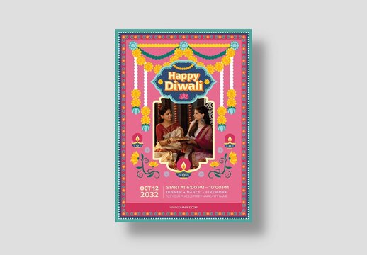 Diwali Flyer Template & Marigold Garland Border for Navratri, Ganesh Chaturthi, Durga Puja, Dipawali