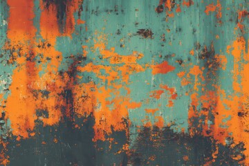 Peeling orange paint on teal metal with rust and dark gray accents visible. Use it as a texture, background, or part of a vintage themed design.