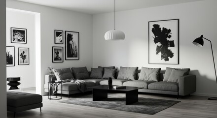 Modern Living Room Interior with Gray Sofa and Artwork.