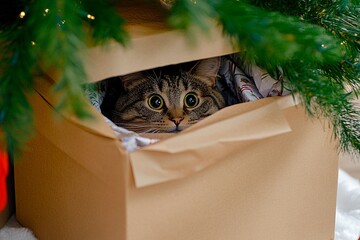 Cat playfully hiding inside a large gift box under a cozy Christmas tree during the holiday season