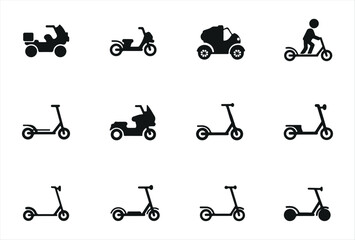 Collection of minimal electric scooter icons in flat vector style. Ideal for infographics, mobile applications, sustainable transport concepts, and eco-friendly design projects.