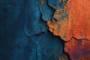 Obraz premium Blue and orange paint peel on an old, cracked concrete wall texture. Use as a distressed, weathered background, or color block graphic.