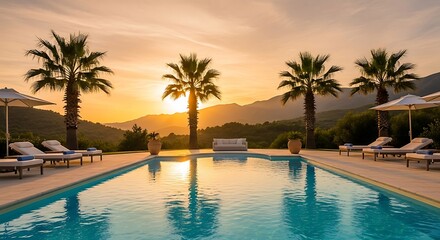 Stunning Sunset View from Luxury Villa Pool: Mediterranean Paradise.