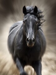 Black Horse Galloping Forward in a Blurred Background With Motion Effect Captured During Daylight Hours
