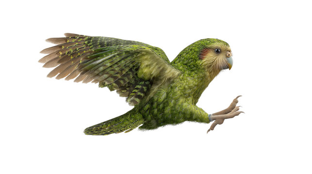Kakapo parrot flying mid-air with open wings